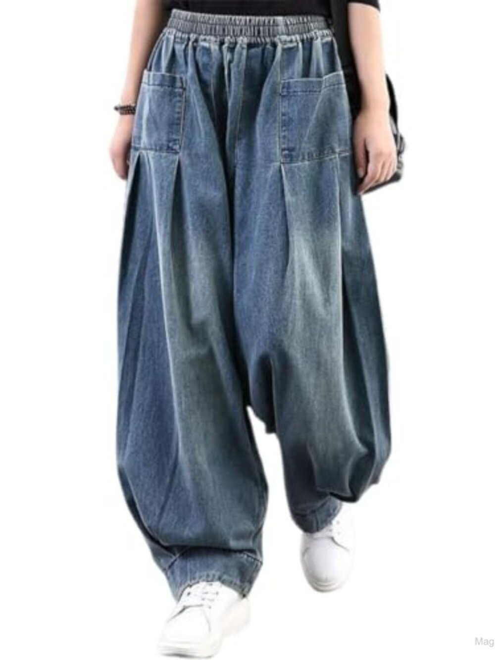Women's Harem Jeans Elastic High Waist Wide Leg Baggy Denim Pants